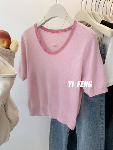 Pink short front shoulder short-sleeved T-shirt for women summer thin ice silk sweater petite slim-fitting half-sleeved short top