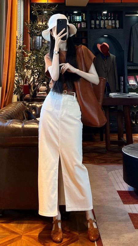 網紅高級感精緻套裝氣質減齡T恤+牛仔半身裙兩件套夏季新款女