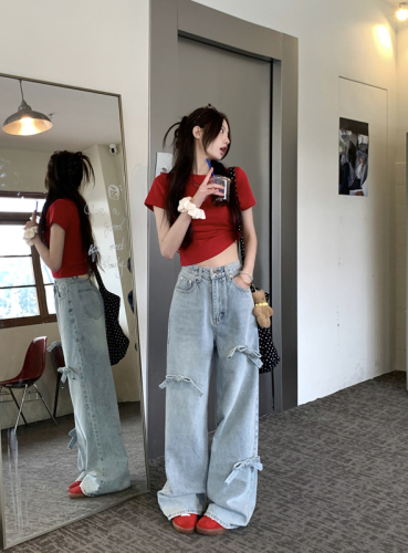 Actual shot of 2024 spring and summer new style bow wide-leg jeans, high-waist slimming straight floor-length trousers