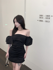 實拍 新款歐美風女裝褶皺裹胸短裙一字領泡泡袖連衣裙