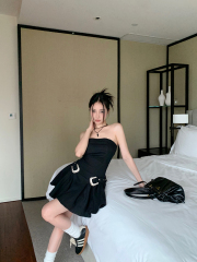 實拍 甜辣雙修 無袖設計感裙子氣質春款美式抹胸連衣裙女