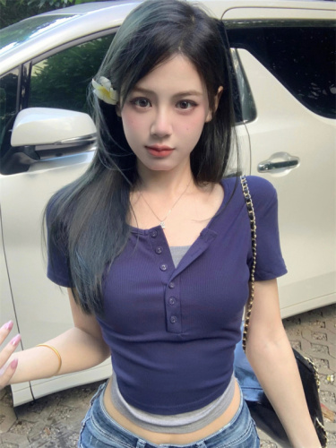 Real shot of sweet hot girl short-sleeved T-shirt female pure desire purple elastic slim basic tight sexy short top