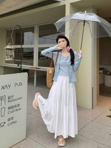 实拍 套装女春季韩系蓝色假两件上衣+白色半身裙三件套