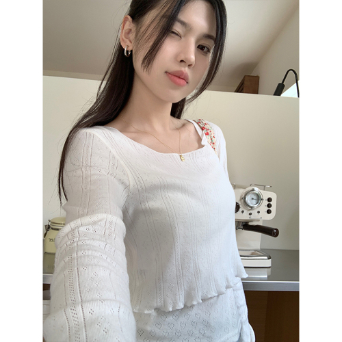 Actual shot of 2024 spring and summer gentle style long-sleeved short floral pure desire inner top Korean style fungus edge knitted blouse