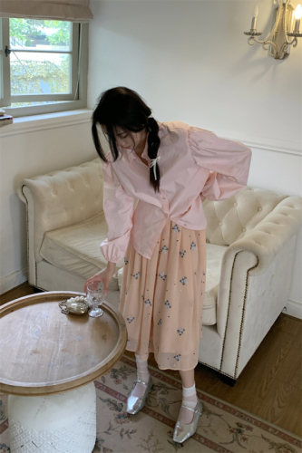 实拍  7499法式粉色衬衫+7500三文鱼色刺绣碎花半裙温柔仙女裙