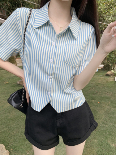 Actual shot of new summer design niche, sweet, salty, gentle temperament, loose striped short-sleeved shirt