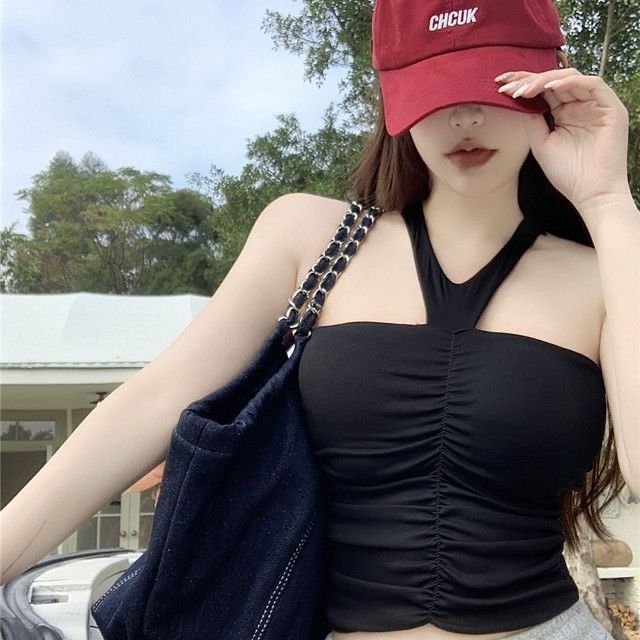 夏季掛脖顯瘦上衣女外穿性感辣妹褶皺露肩內搭帶胸墊抹胸背心吊帶