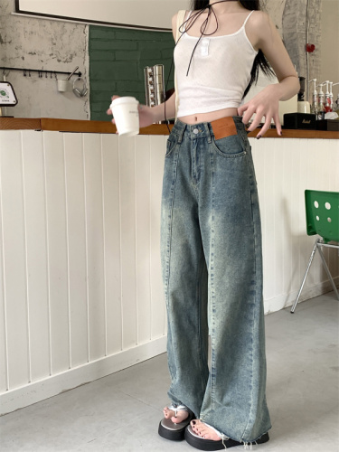 Actual shot ~ American retro raw edge wide leg jeans for women new high waisted loose slimming straight floor mopping pants