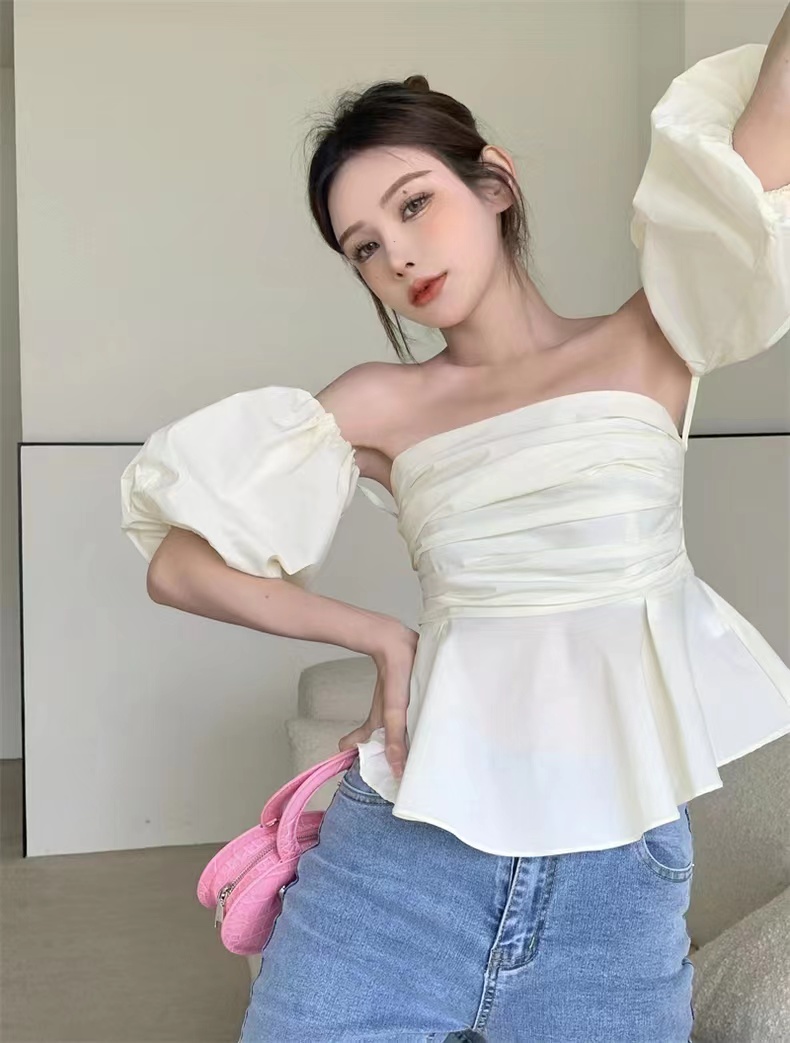 純欲性感泡泡袖襯衫一字肩抹胸上衣復古套頭粉色春夏季女修身內搭
