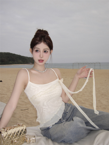 Real shot~ Lace mesh three-dimensional flower camisole for women in spring with ribbon design pleated top