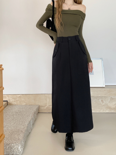 Actual shot of spring high-end suit skirt for women high-waisted A-line slit long skirt