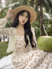 Real shot ~ Gentle style French tea break floral suspender dress for women sweet lace cardigan two-piece set