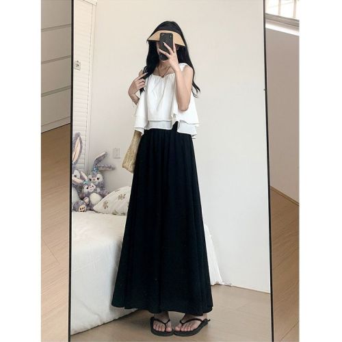Lined blue culottes for women spring and summer 2024 new small A-line skirt high-waisted wide-leg pants