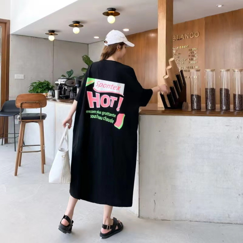仿棉牛奶丝# 韩版宽松港风个性字母印花短袖中长款开叉T恤裙子