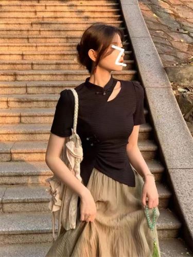 中国风设计感不规则镂空短袖上衣高腰半身裙女夏季两件套