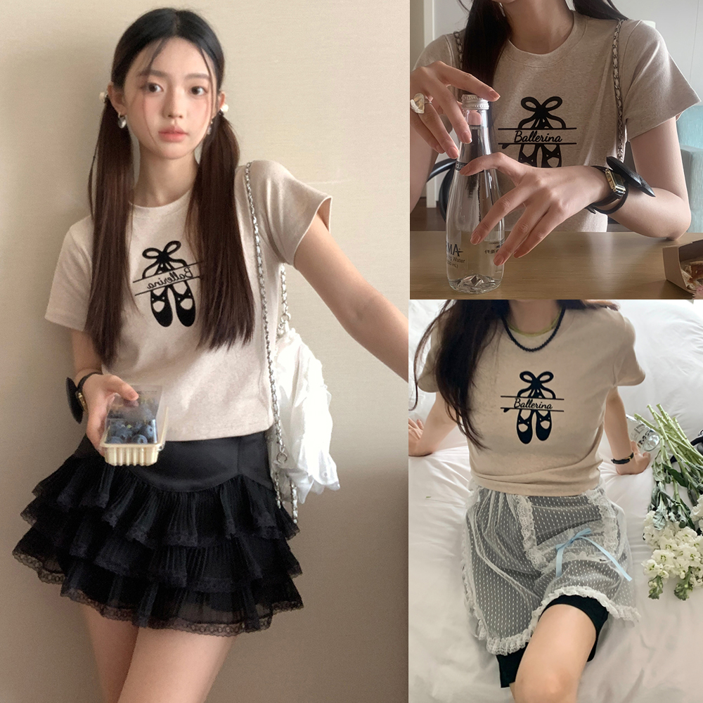 實拍 元氣少女 小眾蝴蝶結字母印花減齡圓領百搭短袖上衣T恤