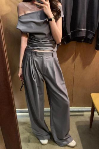 韩国chic夏季法式设计感露肩上衣+高腰阔腿西装裤两件套装