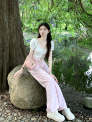 Real shot of French super fairy sweet blouse shirt + inner suspender + casual pants for women high waist slimming wide leg jeans