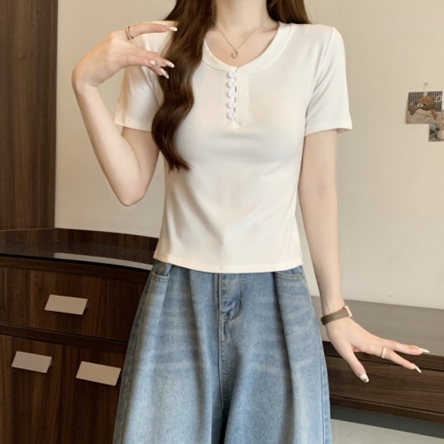 Real shot 40 count pure cotton 2024 summer button design niche short-sleeved T-shirt for women