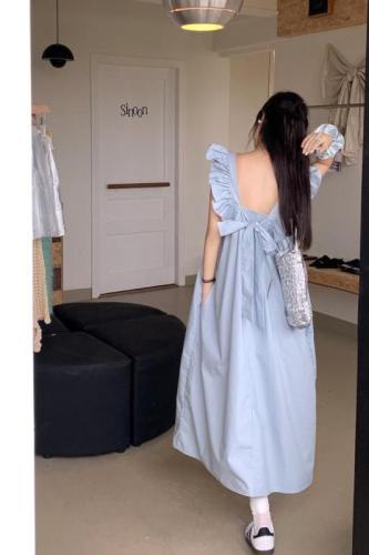 Actual shot of Korean style small flying sleeves bow tie dress with back design