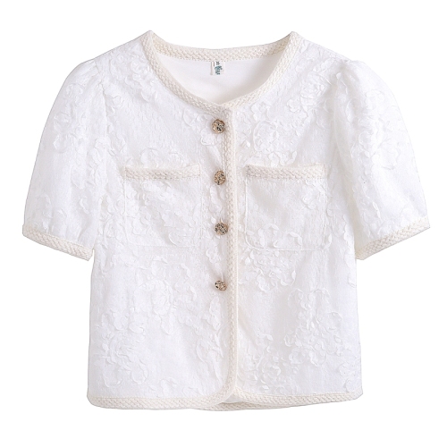 高级感蕾丝雪纺衫2024年气质短袖短外套夏季白色上衣