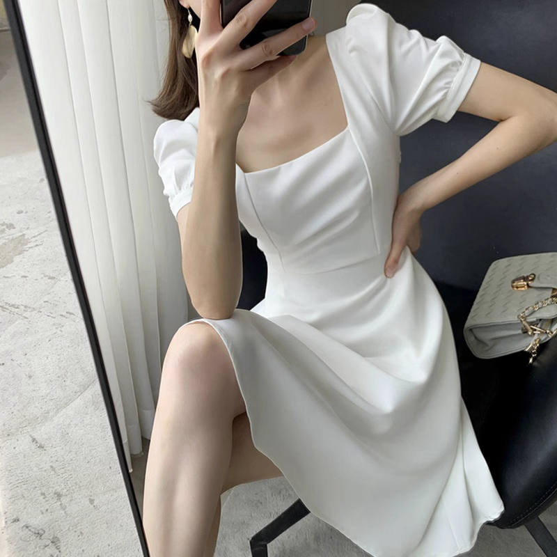Nail Thread Summer New Retro Hepburn Style Black Mini Dress Fat Sister Waist Cinching Slimming Square Neck Dress