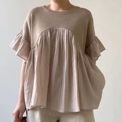 2024 Bell-sleeved chiffon spliced ​​ice silk knitted top thin short-sleeved pleated high-waist babydoll shirt