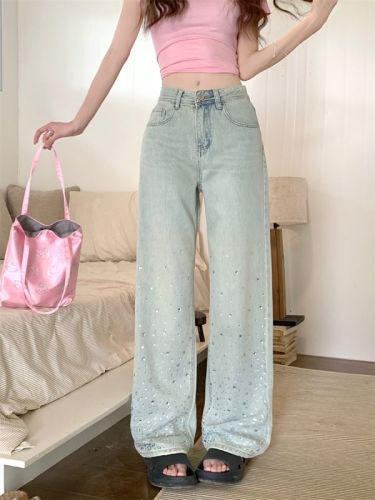 Real shot ~ high temperature perm washed jeans for women early spring retro high waist straight wide leg floor mopping pants