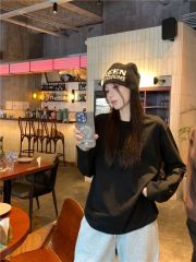 Cotton Basic Versatile White Crew Neck Long Sleeve T-Shirt for Women Spring Loose Casual Black Base Top for Layering Upperwear