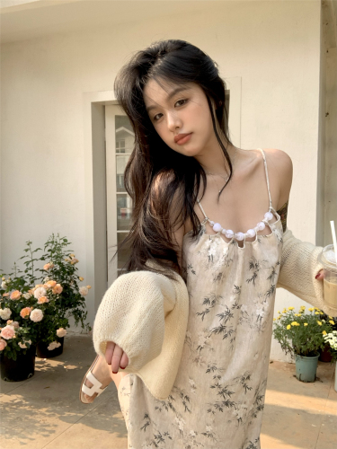 Actual shot ~ Spring and summer fashion printed design beaded new Chinese style loose suspender skirt + knitted cardigan for women