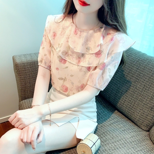 韩国2024春夏尼罗河花园小衫女法式荷叶边上衣碎花短袖衬衫