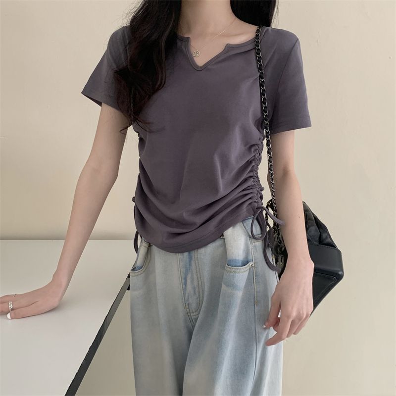 Real shot Summer new slim fit drawstring small V-neck high waist top short-sleeved T-shirt