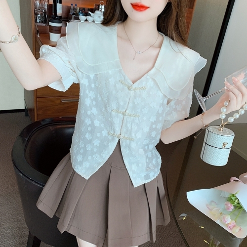 娃娃领刺绣蕾丝衬衫短袖女夏季2024欧货重工小衫韩系超仙甜美上衣