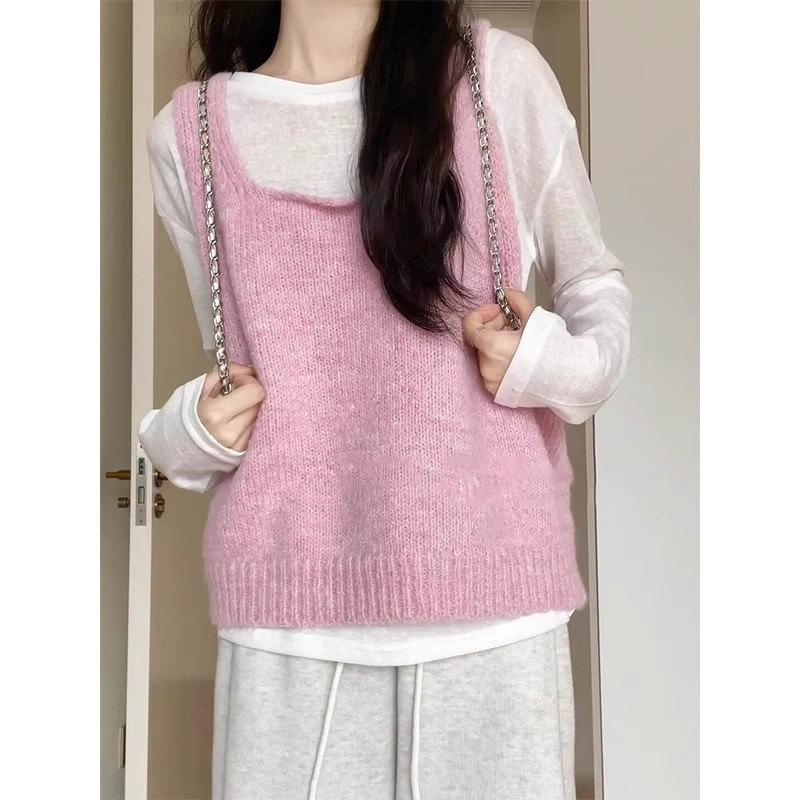 Spring New Mohair Knit V-Neck Top for Women, Strapless Sleeveless Outerwear, Loose Layering Cardigan Two-Piece Set