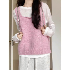 Spring New Mohair Knit V-Neck Top for Women, Strapless Sleeveless Outerwear, Loose Layering Cardigan Two-Piece Set