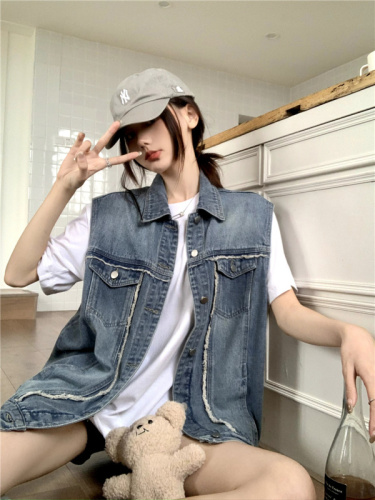 Actual shot~New fashionable loose outer wear casual denim vest sleeveless jacket