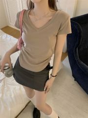 Actual shot of new summer V-neck waisted pleated slimming short-sleeved T-shirt women's tops