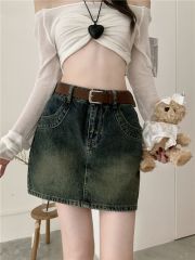 Real shot~New high-waisted slimming A-line hip-covering anti-exposure retro denim short skirt for women