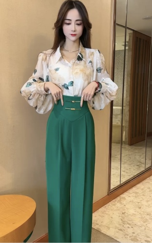 Temperament and fashion suit 2024 spring new long-sleeved design shirt + high-waisted Chinese style wide-leg pants