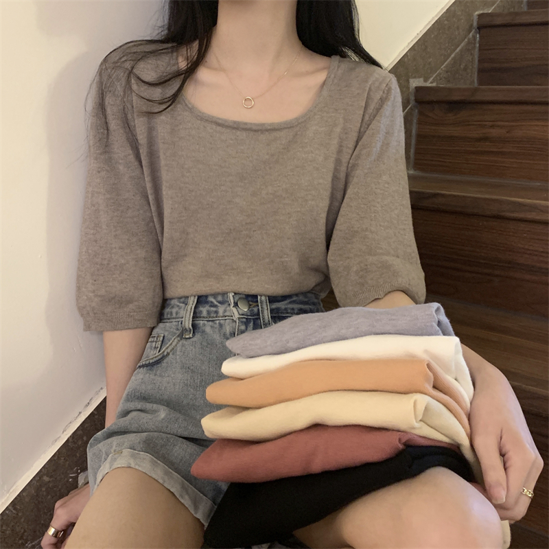 Actual shot of new summer low round neck pullover short-sleeved sweater tops for women