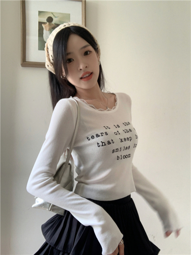 实拍 蕾丝边字母T恤女春季新款内搭韩版修身显瘦上衣