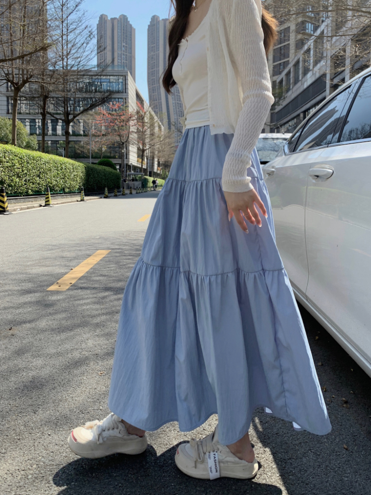 Photographed! Gentle blue half-body skirt for women, sweet and youthful, slimming, layered, A-line long dress for petite figures