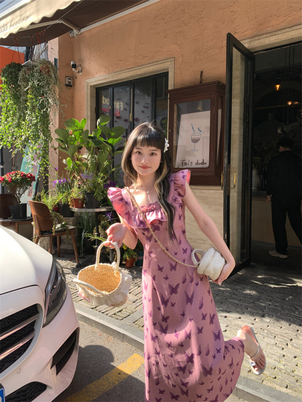 Real shot ~ French ruffled purple butterfly suspender dress for women summer