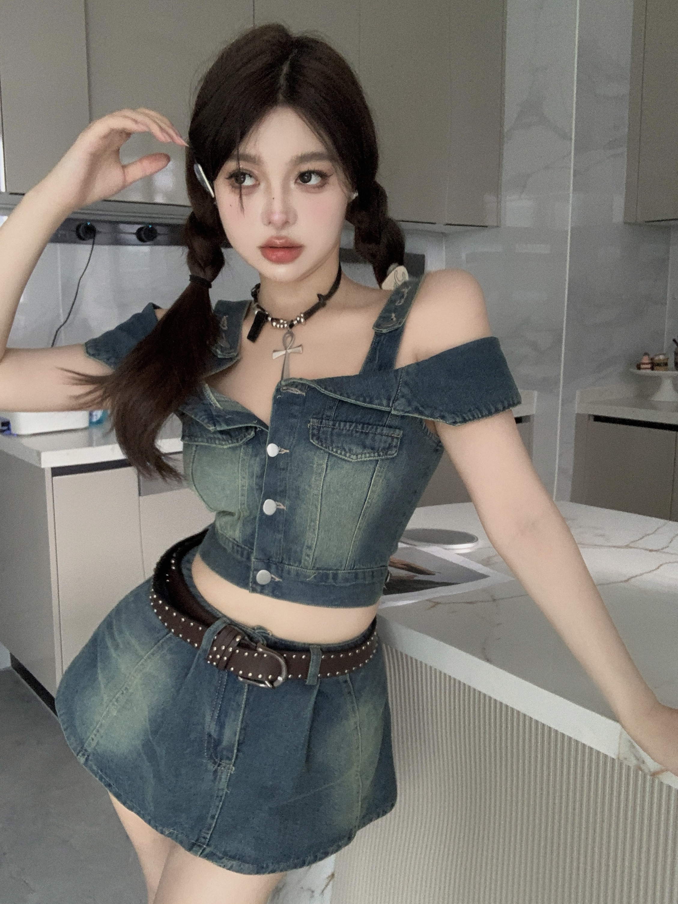 Real shot denim strap short shoulderless top + denim A-line skirt two-piece set suit 