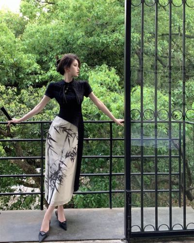 新中式国风短袖连衣裙女装夏季水墨画改良旗袍裙子高级感气质长裙