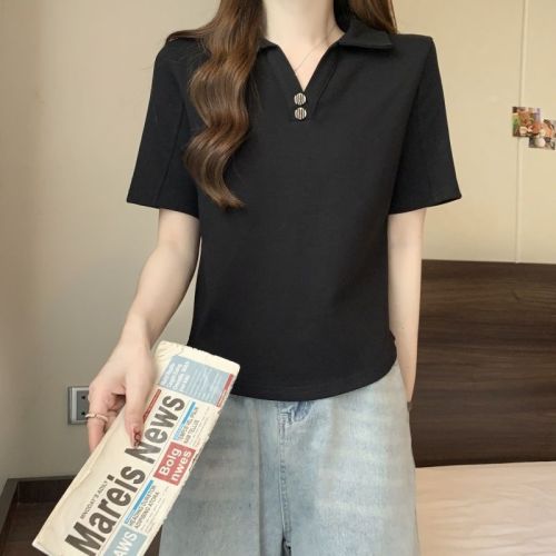 Actual shot of 32 double yarns 2024 summer polo collar short-sleeved T-shirt for women ins fashion niche