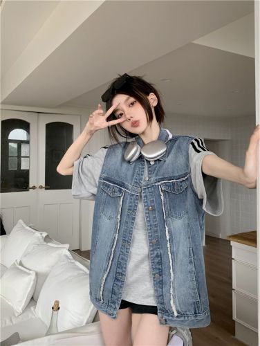 Actual shot~New fashionable loose outer wear casual denim vest sleeveless jacket