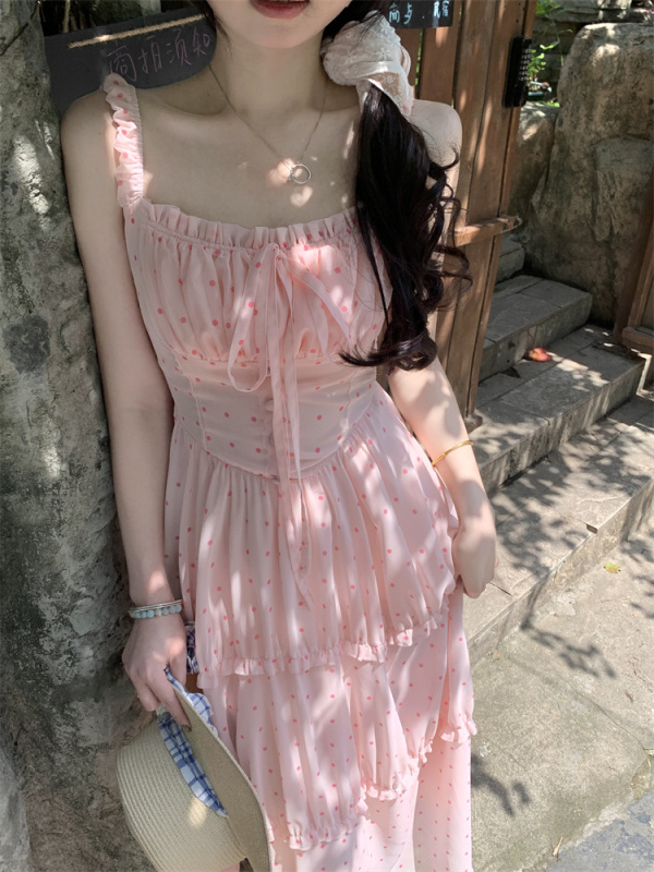 Real shot~Sweet style fungus-edged polka-dot suspender dress