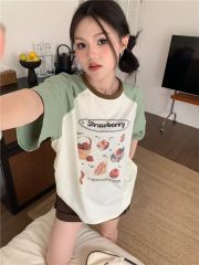 Real shot Versatile contrasting color raglan printed short-sleeved T-shirt