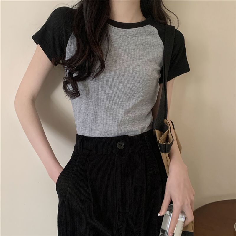 Real shot Summer new slimming spliced ​​raglan sleeve short short-sleeved T-shirt for women